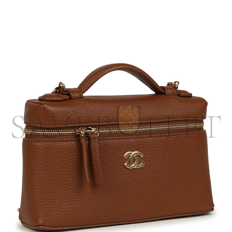 CHANEL MASTER GRAINED CALFSKIN TOP HANDLE SLIM VANITY CASE WITH CHAIN CAMEL CAMEL (19*12*5cm)